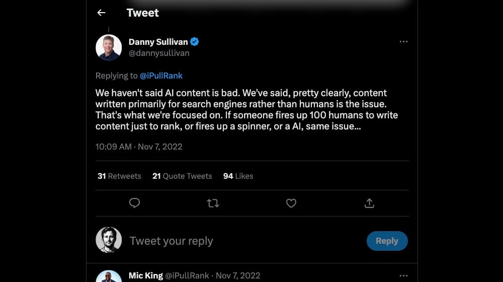 What is Google E-E-A-T used for in SEO? Twitter-Tweet-Message
